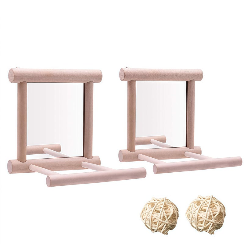 HANZE Bird Mirror Swing with Rattan Ball | Natural Wood Parrot Toy with Metal Hooks for Macaws, Cockatiels, Parakeets, Lovebirds | Safe Chewing & Mental Stimulation - 2 Pack - Image 1